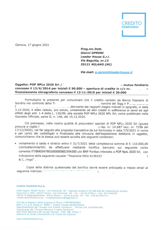 Saldo e Stralcio Sondrio leader house investment società milano i migliori in italia operazione conclusa con successo stralcio del debito closing sondrio 1